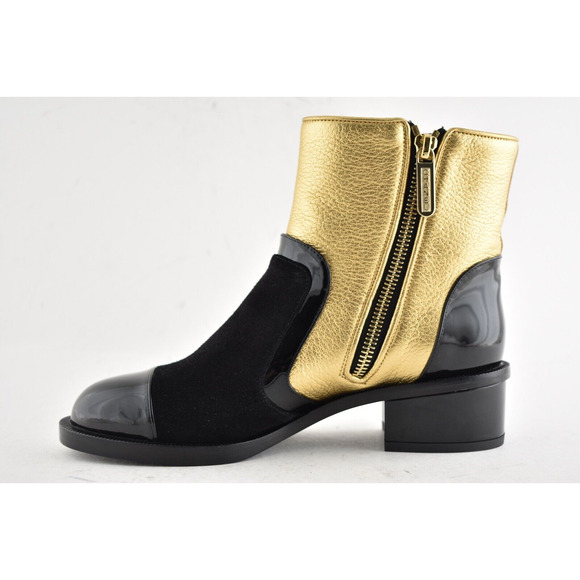 Chanel 18B Gold Black Patent Suede CC Logo Zipper Zip Short Ankle Bootie Boot 35 - Picture 6 of 10
